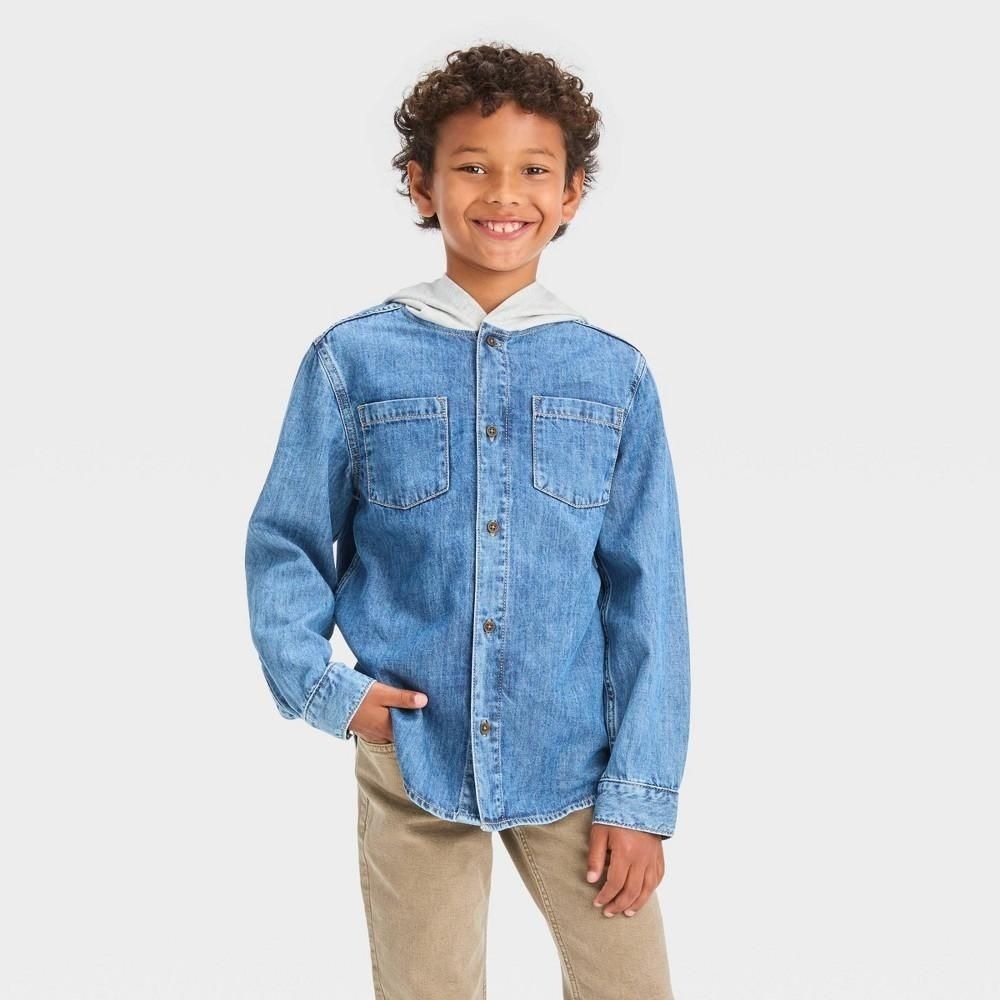 Cat & Jack Boys Long Sleeve Hooded Denim Shacket Medium Wash Blue Size M 8